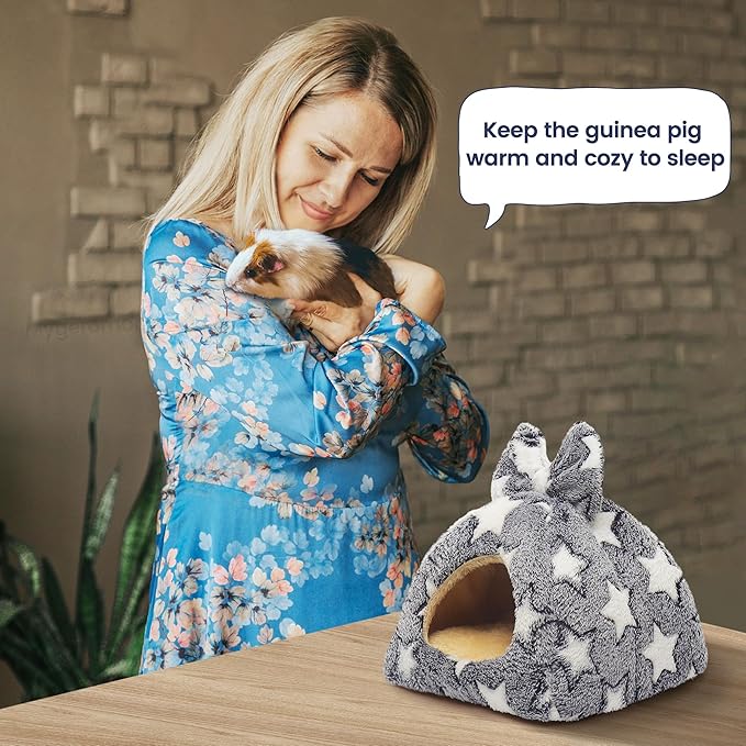 Mygeromon Guinea Pig Bed Rabbit Hideout Warm Fleece Cuddle Cup Washable Winter Sleeping House for Small Pet/Ferret/Chinchilla/Bunny (Star Style)