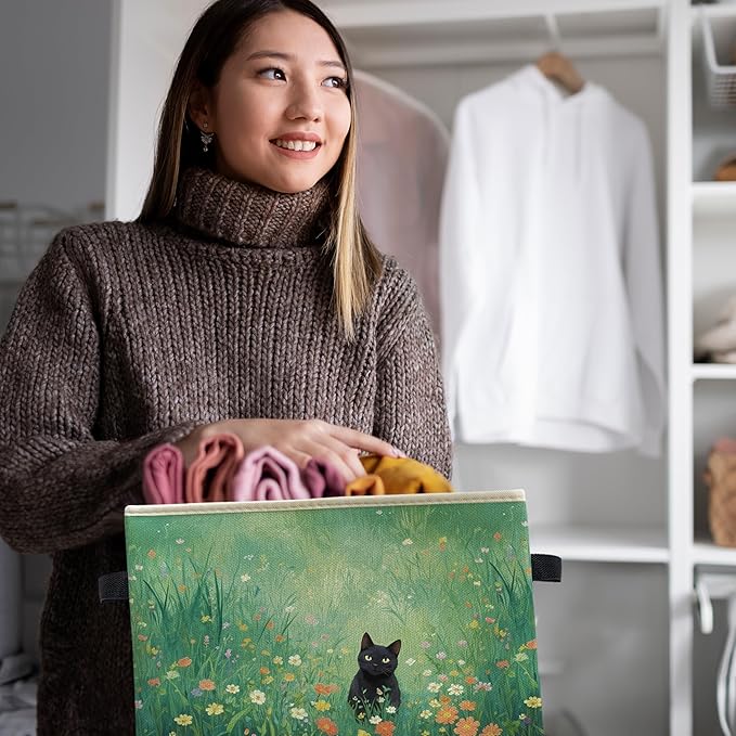 Green Wildflower Black Cat Storage Bin Box, Cat Lover Mom Lady Grandma Gifts Collapsible Storage Basket Organizer for Bedroom Bathroom Home Clothes Toys Books, Toybox for Girls