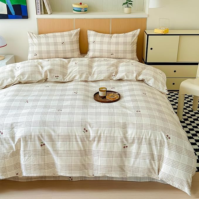 BlueBlue Cherry Duvet Cover Set Twin 100% Cotton Bedding for Kids Boys Girls Teens Red Cherry Grid Stripe on Cream White 1 Cartoon Fruit Comforter Cover 2 Pillowcases (Twin)