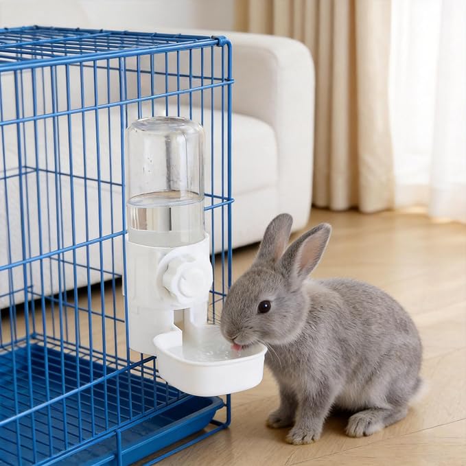 Pet Cage Suspended Water Dispenser, 17oz Hanging Automatic Water Bowl for Rabbit, Bunny, Cat, Ferret, Clear, Plastic (White)