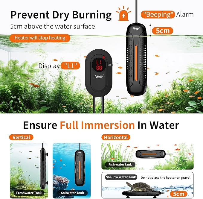 hygger Aquarium Heater 800W Fish Tank Heater with LED Controller, Multiple Safety Protections, Anti-Cooking Fish Alarm, Auto Stop Heating Protection, for 80-220 Gallon Freshwater Saltwater Tank