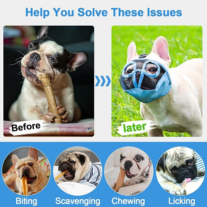 Short Snout Dog Muzzles- Adjustable Breathable Mesh Bulldog Muzzle for Biting Chewing Training Grooming Dog Mask,Blue L