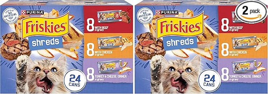 Friskies Wet Cat Food Variety Pack, Shreds Beef Chicken Turkey & Cheese | 48 Pack | 5.5 oz Cans