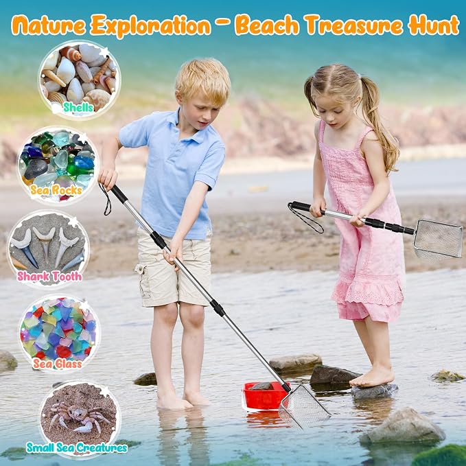 2 PCS Beach Mesh Shovel Sand Sifters, Enlarged Shark Tooth Sifter | [50% Larger Size] Extendable Handle Superior Quality for Summer Shell Collecting, Filter Sand Scooper Tools for Kids Adults