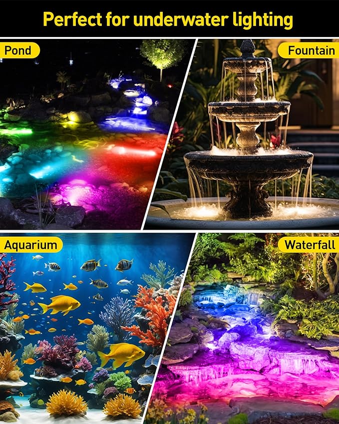T-SUN LED Pond Lights Underwater, Color Changing Submersible Fountain Lights with APP Control, Waterproof Spotlight with 16 Million Colors, Timing, Music Sync (RGB, 6-Head)