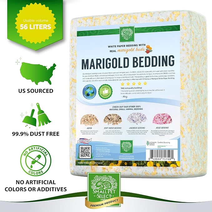 Small Pet Select Marigold Bedding, Paper Bedding with Real Marigold, Soft Animal Bedding with Odor Control for Guinea Pig, Rabbit, Hamster, or Bunny, Cage Accessories, Made in USA, 56L