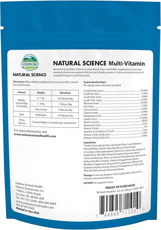 Oxbow Natural Science Multi-Vitamin, High Fiber Supplement for Rabbits & Guinea Pigs, Made with Timothy Hay, Multi-Pet Households, Omega 3 & 6 Fatty Acids, Made in USA, 4.2 oz Bag