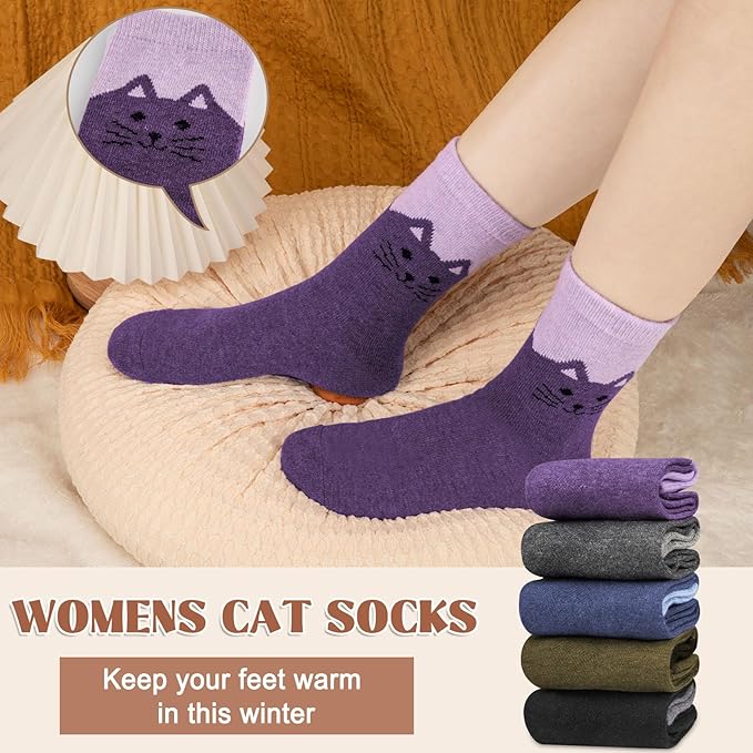 Justay 5 Pairs Womens Wool Socks Thick Warm Winter Socks Casual Cozy Socks Vintage Knit Crew Socks Gift for Women