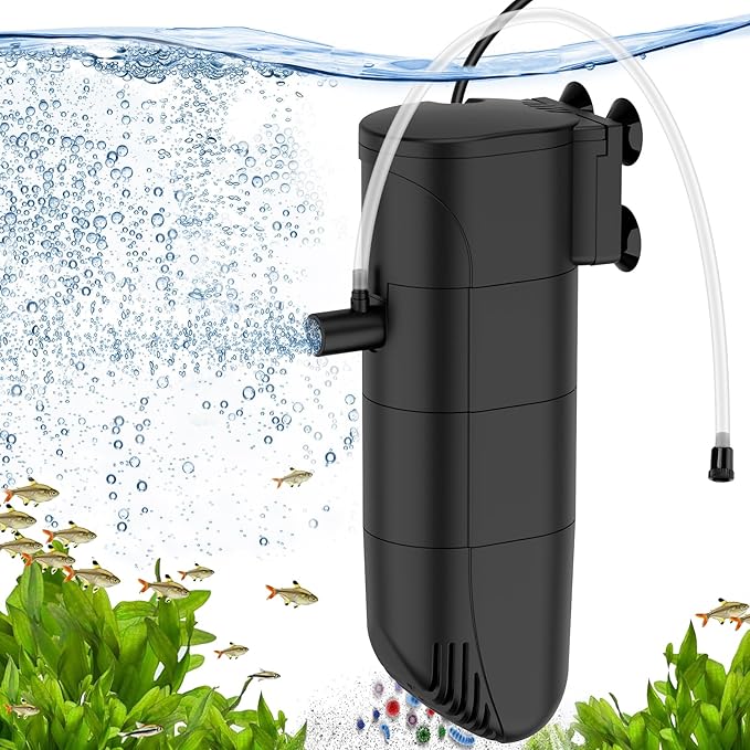 Submersible Aquarium Filter, 186GPH 4-Stage Fish Tank Filter Adjustable Air Flow Powerful Internal Filter for 25-45 Gallon Tank with Filtration Oxygenation Circulation (13W)