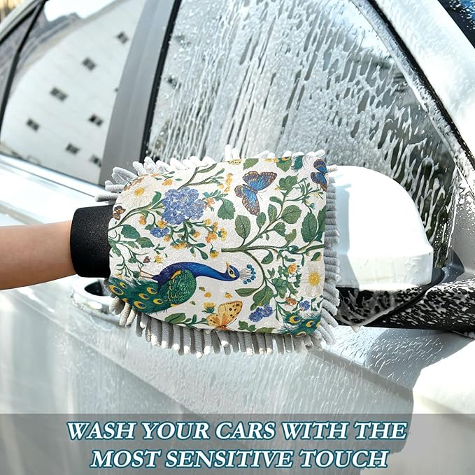 Car Wash Mitt Microfiber Wash Mitts for Car Washing Scratch-Free Cleaning Gloves Soft Non Absorbent Chenille Auto Hand Mitt Large 2Pack White Peacock Butterfly