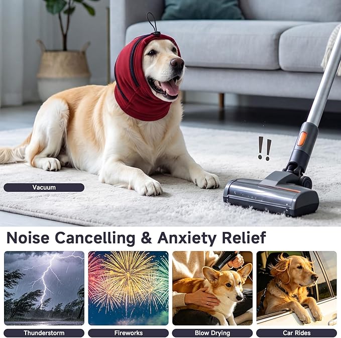Nanaki Dog Calming Hoodie & Ear Cover, Small July 4th Head Wrap with Ear Pads - No-Shake Hematoma Protection, Noise Cancelling for Fireworks, Grooming, Blow Dryer & Bath,Ear Warmers