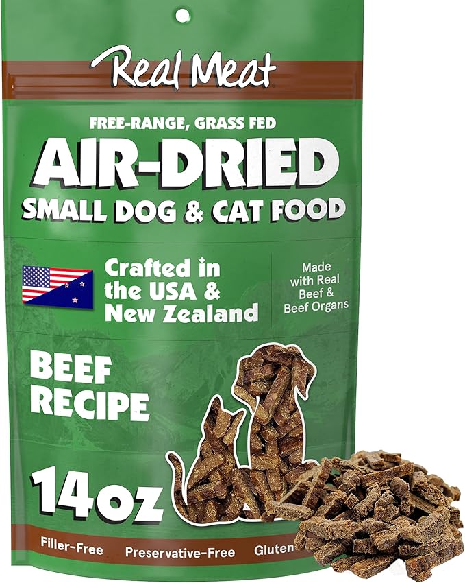 TRMC Real Meat Air Dried Cat Food & Dog Food w/Real Beef - 14oz of USA-Crafted Grain-Free Dry Dog & Cat Food Sourced from Hormone-Free, Free-Range, Grass-Fed Beef - All Natural, High Protein Pet Food