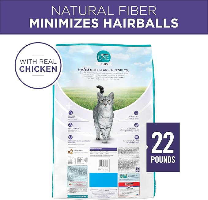 Purina ONE Natural Cat Food for Hairball Control, +PLUS Hairball Formula - 22 lb. Bag