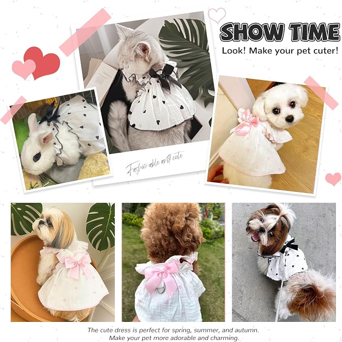 Dog Dresses for Small Dogs Girl Female Dog Cat Clothes Dress Cute Cotton Extra Summer Clothes Bow Decor Printed Love Birthday Outfit Puppy Clothes (Light Pink & Black, Medium)