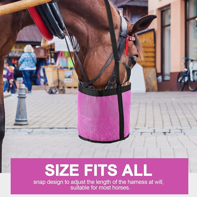 Sumind 2 Pcs Feed Horses Bag for Grain Hay Bags Heavy Duty Mesh Horse Feeder with Adjustable Strap Comfort Neck Pad Nose Pad and Waterproof Bottom Muzzle(Pink)