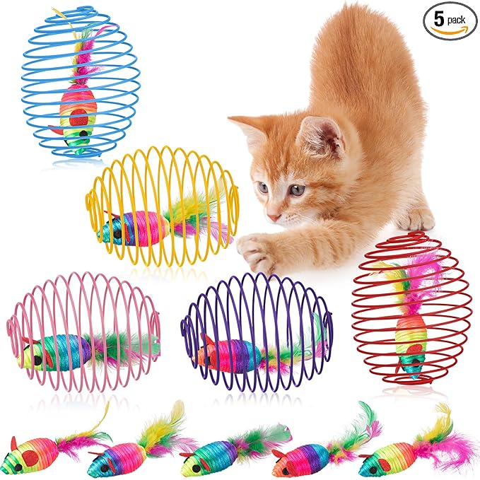 Jecery 5 Pcs 5 Pcs Cat Spring Balls Toys Stretchable Rolling Balls Colorful Playful Coils Interactive Spring Action Toy Caged Rats for Kitten Cat Pet Supplies (Mouse, Rainbow Color)