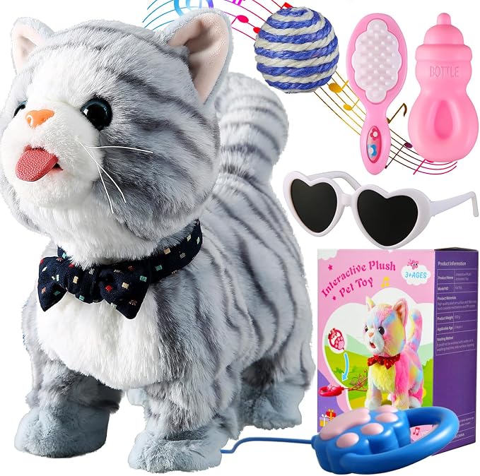 Gray Walking Cat Toy for Girls Kittens Interactive Talking Cat Meows Singing Dancing Mimicking Kitty Toys Set for Baby with Leash Plush Electronic Robot Kitties for Kids Toddlers
