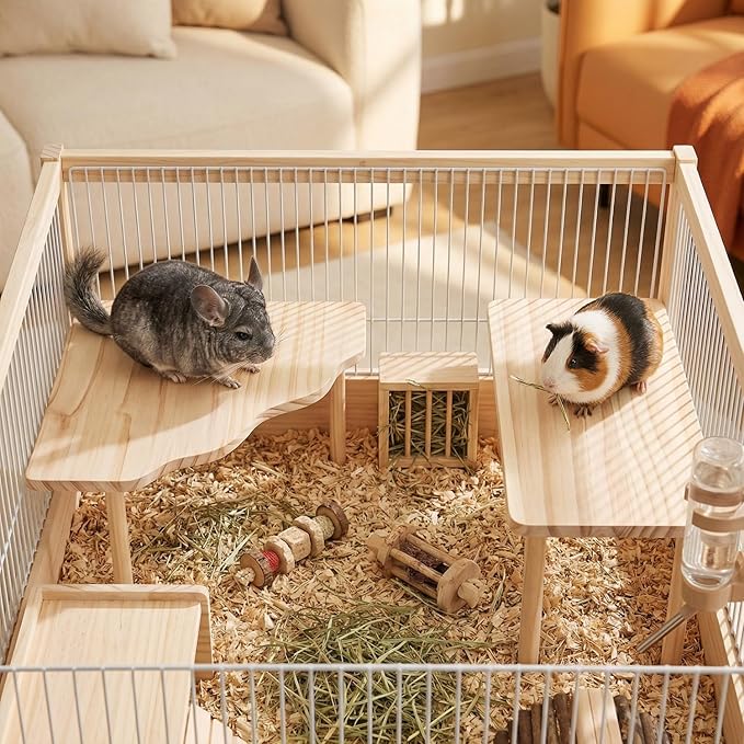Hamster Platform Set, 2-Piece Wooden Modular Playground & Hide, Cage Accessories for Dwarf Syrian Hamsters, Gerbils, Mice, Degus (Rectangle+Corner)