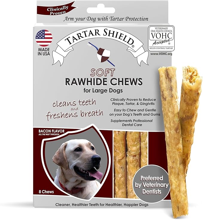 Tartar Shield Soft Rawhide Chews | Safe Dental Treats for Large Dogs | Vet VOHC Approved | Daily Bone Cleans Teeth & Gums Fresh Breath Oral Health Support | USA Made | (Large Dogs / 8 Count)
