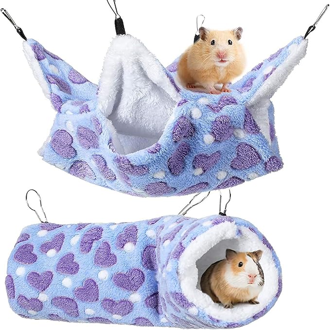 Double Hammock Hanging Tunnel for Ferret Bed and Cage Accessories, Rat Cage Hammock, Sugar Glider Toys(Purple,Heart)