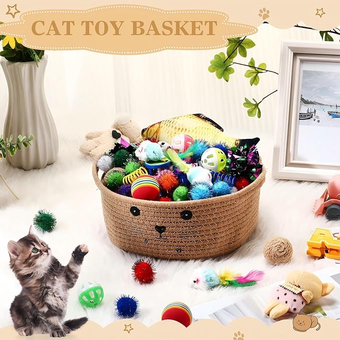 Zopeal 58 Pcs Mother’s Day Cat Storage Basket Gift Toys Set, Colorful Flashing Balls Pet Bell Crinkle Balls Spring Toys Attract Cat to Swat, Hunt, Interactive for Pet(Khaki,9.8 Inch)