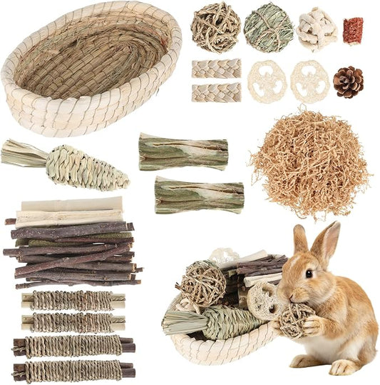 Foxtell 19Pcs Bunny Chew Toys, Rabbit Chew Sticks, Guinea Pig Toy, Natural Bunny Toys Chew and Treat for Guinea Pigs, Chinchillas, Hamsters and Other Small Pets