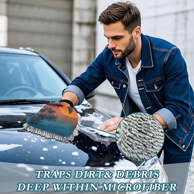 Car Wash Mitt Microfiber Wash Mitts for Car Washing Scratch-Free Cleaning Gloves Soft Non Absorbent Chenille Auto Hand Mitt Large 2Pack Tropical Sunset Ships Blue