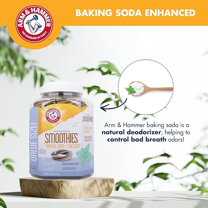 Arm & Hammer Smoothies Dental Chews for Dogs with Baking Soda & Calcium, Fight Bad Breath, Plaque & Tartar without Brushing, Mint Flavor, Ring Shaped, 32 Count, 2.4 lb Bucket