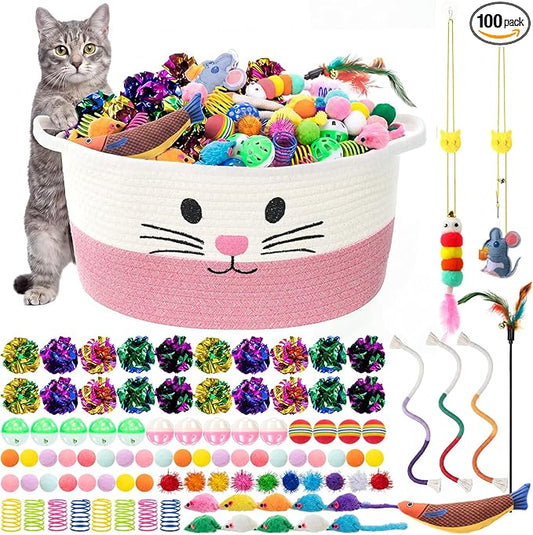 Leitee 100 Pcs Cat Storage Basket Gift Toys Set Cute Cotton Rope Basket, Fish Plush Mice Pet Bell Colorful Crinkle Balls Spring Toys Attract Cat to Swat, Hunt, Interactive for Pet (Basic,Pink,White)