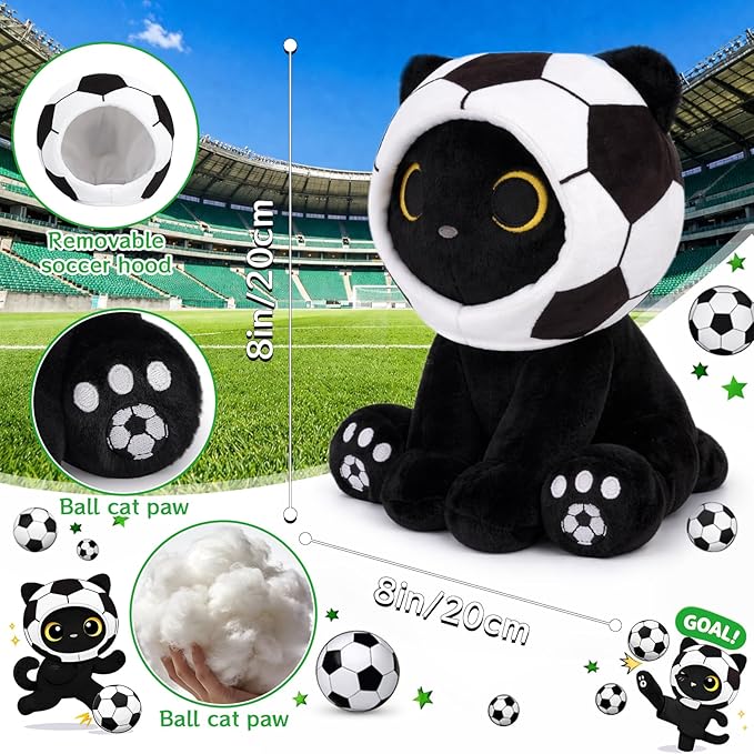 Black Cat Plush Toy - 8" Cute Stuffed Animal with Removable Soccer Ball Costume, Soccer Gift for Kids, Boys, Girls, Cat Lovers, Huggable Soft Kawaii Plushie