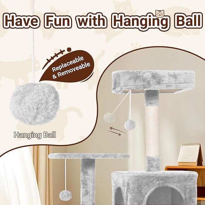 54-Inch Cat Tree Tower with 2 Caves & 2 Pompoms - Multi-Level Tower for Indoor Cats, Soft Plush Condo with Scratching Posts - Sturdy Base for Large Cats (Light Grey01)