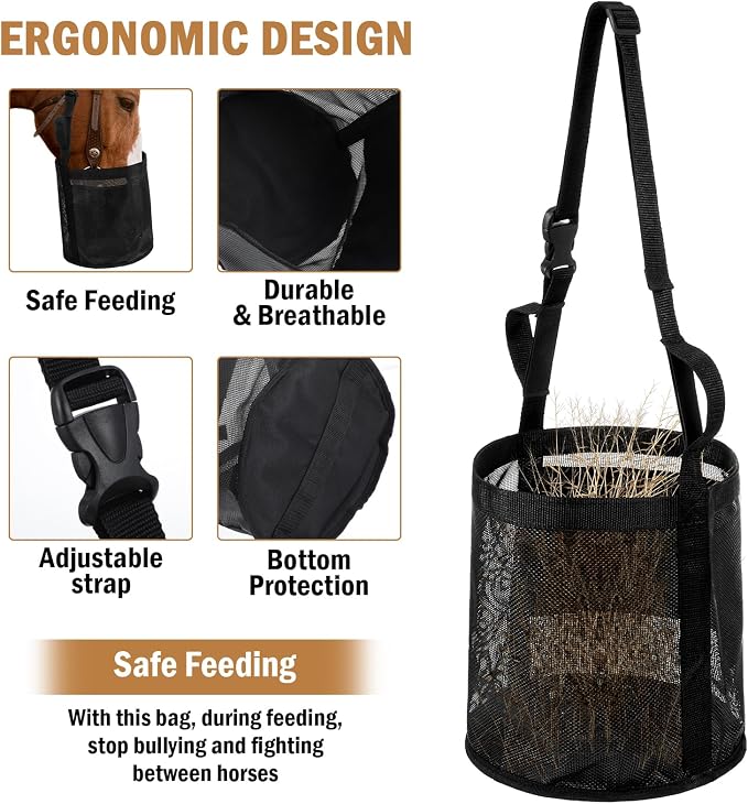 Lemecima 2 Pcs Horse Feed Bag Comfort Breathable Mesh Feed Bucket Heavy Duty Feed Bag with Adjustable Strap and Waterproof Bottom for Horse Feeding Supplies Muzzle Feed Bag, Medium (Black)