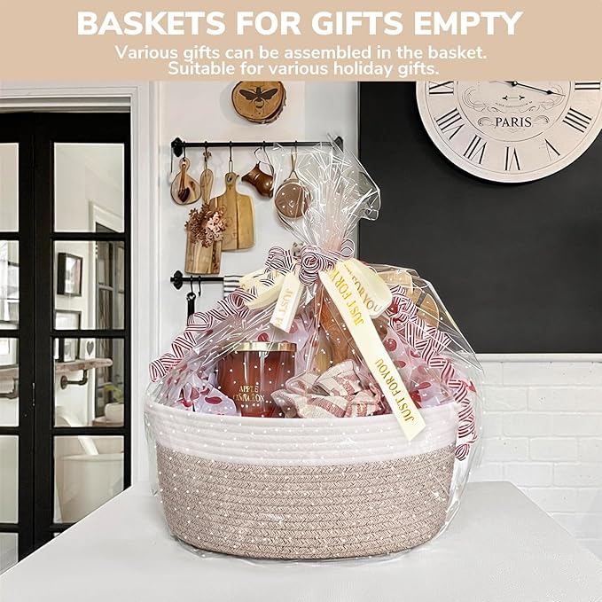 CHICVITA Gift Basket Empty to Fill, Woven Baskets for Storage, Rope Decorative Baskets with Gift Bags & Ribbon for baby girl, Dog Toy Storage, 13.6"x 10" x 6", Brown