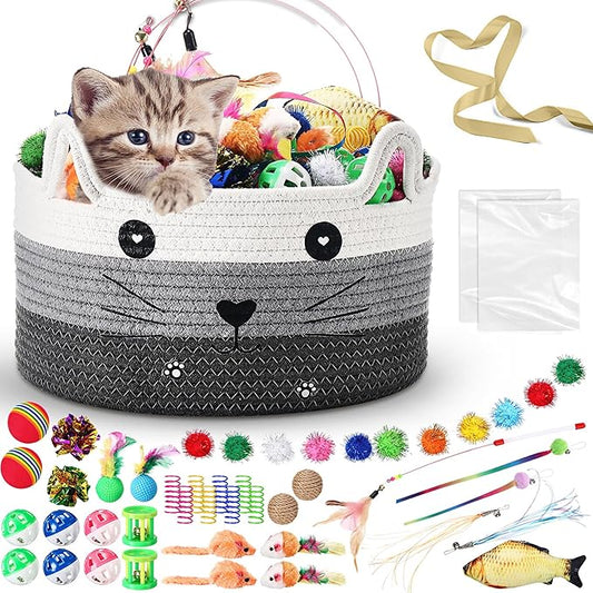 Zopeal 76 Pcs Graduation Cat Storage Basket Gift Toys Set Interactive Cat Toys Kitten Wand Colorful Flashing Balls Pet Crinkle Balls Attract Kitten to Swat, Hunt for Pet Indoor(Grey)