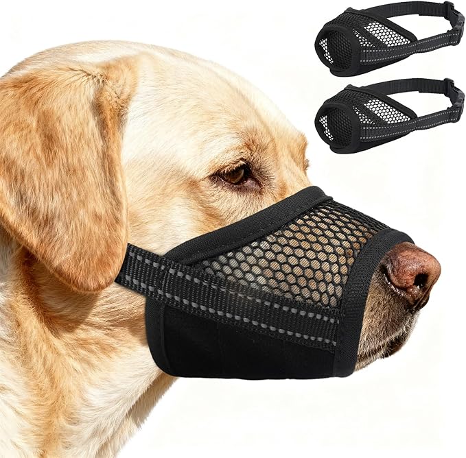 2 Pack Dog Muzzle,Mesh Soft Muzzle for Small Medium Large Sized Dog, Anti Barking Biting, Breathable Adjustable Drinkable，Mouth Cover for Grooming Training（Black, XL