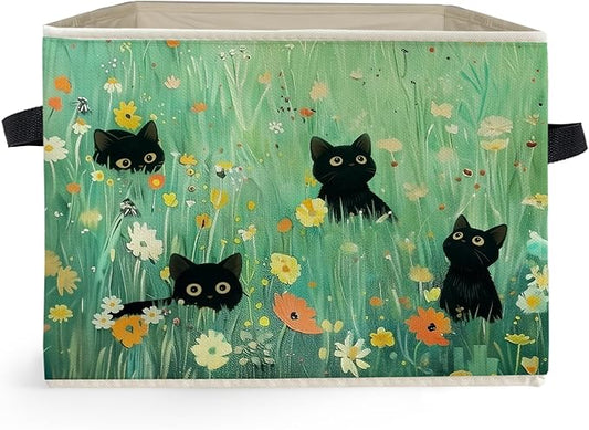 Floral Black Cat Green Meadow Storage Box Bins, Wildflower Filed Black Cat Collapsible Storage Basket Organizer for Girls Bedroom Laundry Room Home Clothes Toys Books, Toybox for Girls