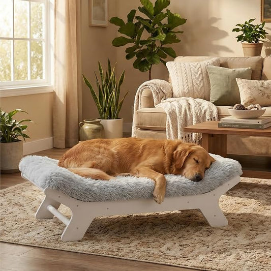 Muihood Wood Elevated Dog Bed Frame and Egg Crate Foam Mattress, Luxurious Suitable for Pets Up to 110 lbs, White, XL