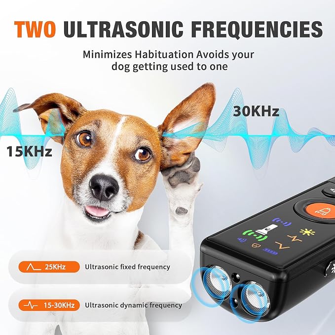 Ahbrother's Dog Bark Deterrent Devices 2X Power Anti Barking Device for Dogs, Ultrasonic Dual Emitters, 4 Training Modes Barks No More Indoors Outdoors Behavior Correct Safe & Humane Rechargeable