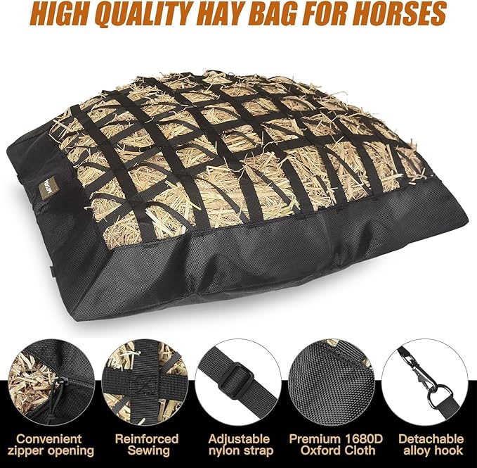 Hay Bag for Horses,Ultra-Slow Feed Hay Bag for Ground Feeding,Designs for Horses,Goats,Cows,Premium 1680D Oxford Cloth,Easy to Fill and Hang with Wide Opening and Adjustable Straps (1)