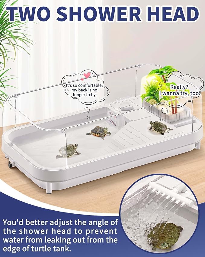 Moonorange Large Turtle Tank with Water Pump, Acrylic Turtle Tank Starter Kit with Heightened and Curved Fences, Multi-Function Areas, Bottom Drainage