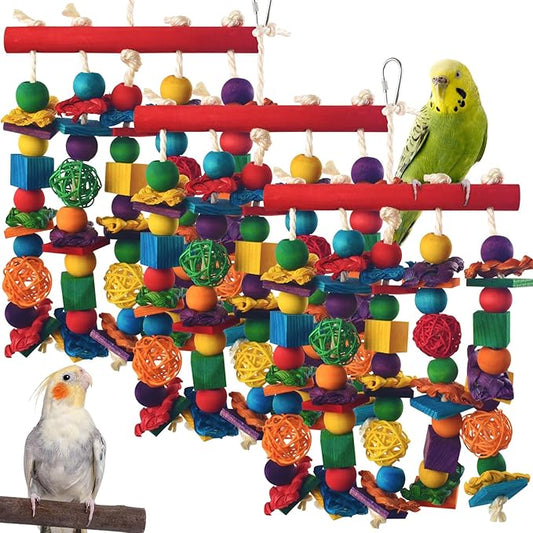 DBNESS Bird Toys, 3PCS Parrot Foraging Hanging Toy, Multicolored Natural Wooden Blocks Parakeet Chewing Toys mit Rattan Wicker Balls, for Medium Small Cockatoos Budgie Lovebird Cockatiel Conure