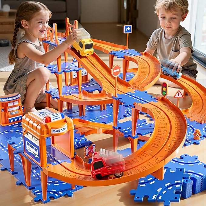 NIPLOOOW Puzzle Race Car Track Set for Kids 3-5, Floor Puzzle Track Car Set, Toddler Toys for 3 4 5 6 Years Old Boys, Toys Gift for Kids Boys Girls Age 3 4 5 6 7 8 Years Old
