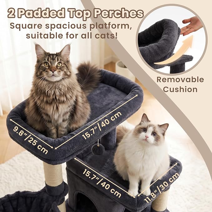 Heybly Cat Tree, 56-Inch Multi-Level Easy Climb Tower for Large Cats, Cat Furniture with 2 Perches, Cozy Hammock, Spacious Condo & Cat Basket, Durable Sisal Scratching Posts, Smoky Gray HCT028G