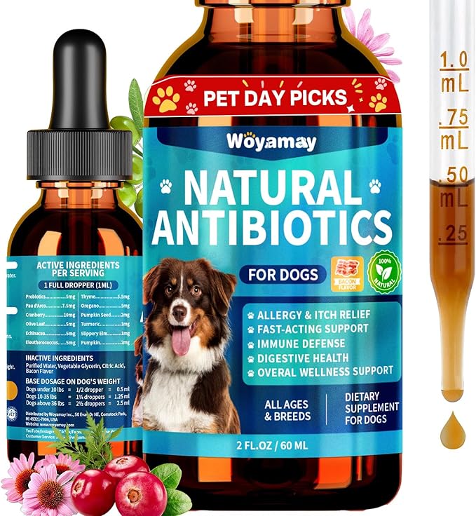 Woyamay Antibiotics for Dogs | Natural Dog Antibiotics for Allergy Relief, Itch Relief, Coughs, Skin Health, Breath Treatment, Digestion | Herbal Supplement to Care for Ears, Eyes & Coat, 2 Fl Oz