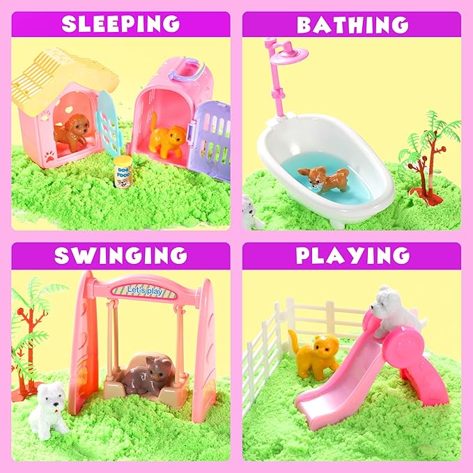 Carolart Pet Sensory bin,Dog and Cat Sandbox for Kids,Kids Play Sand Kit,Pet Play Set with Sensory Sand,Pet Care Play Set,Role Pretend Play Beach Toy Birthday Gift for Girls Boys 3 4 5 6 Years Old