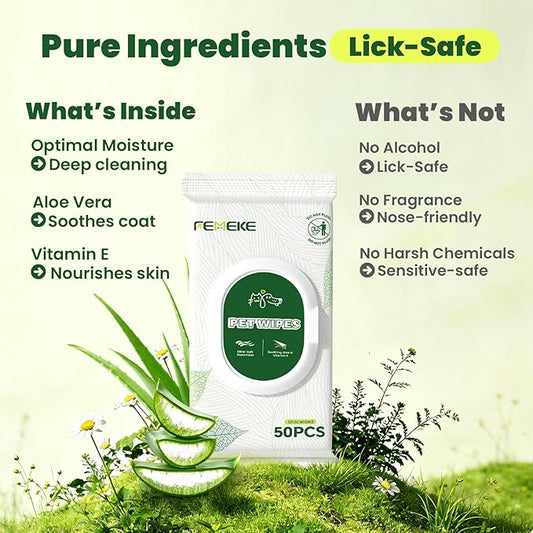 Unscented Dog Wipes & Cat Wipes (4x50 Packs) | Hypoallergenic, pH Balanced for Paws, Body, Eyes & Ears Grooming |All-Natural Plant Fiber Wipes with Aloe & Vitamin E | Pearl Texture