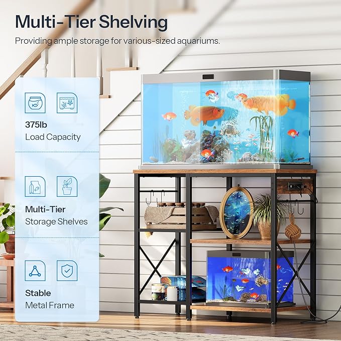 HOOBRO Fish Tank Stand with Power Outlet and LED Light, 20-29-37 Gallon Aquarium Stand with Storage Shelves, 30.7" L x 13.8" W, Reptile Tank Stand with Stable Metal Frame, Rustic Brown BF80UDFT01G1