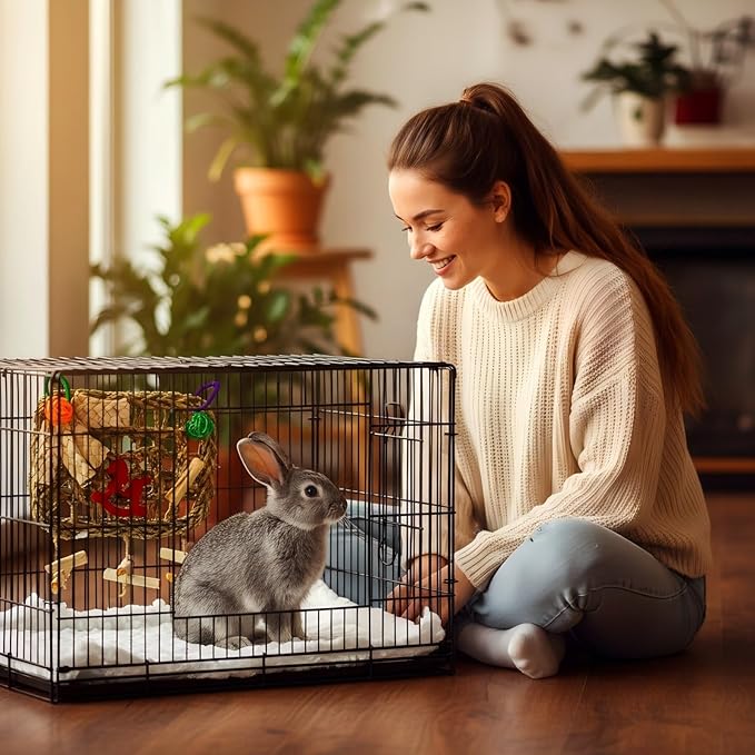 Rabbits Chew Toy,Bunny Cage Hanging Chew Toys and Treats,Grass with Sweet Bamboo for Guinea Pigs Chinchillas Hamsters Rats