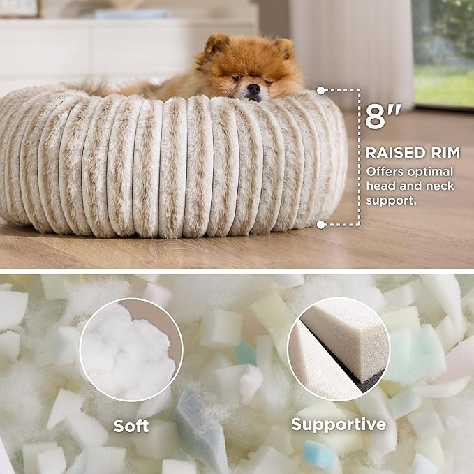 Bedsure ComfyFleece™ Donut Small Dog Bed - Dog Beds for Small Dogs with Corduroy Fleece & Anti Slip Bottom, Round Faux Fur Pet Beds with Washable Removable Cover, Amphora, 23x23x7 inches