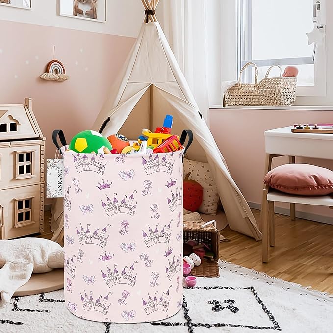 Storage Basket, Nursery Hamper Canvas Laundry Basket Foldable with Waterproof PE Coating Large Storage Baskets for Kids Boys and Girls, Office, Bedroom, Clothes,Toys(Princess Castle)